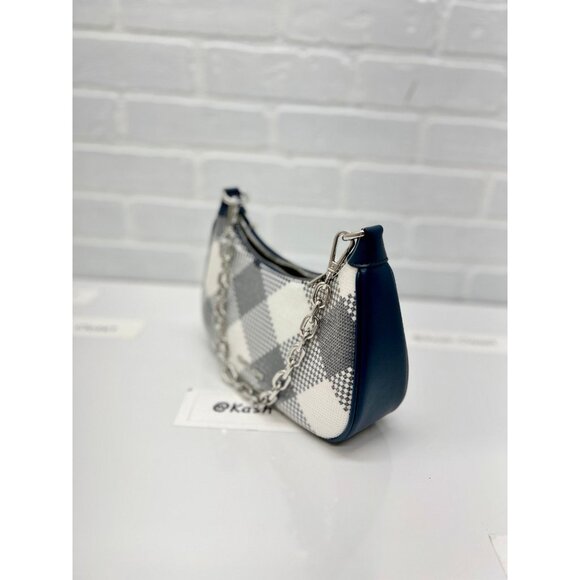 Michael Kors cora sequence plaid medium shoulder purse crossbody bag navy - Picture 3 of 6